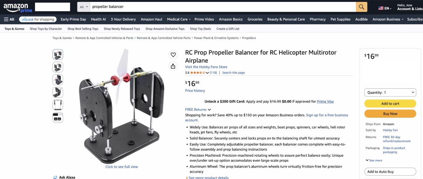 A hobby-grade RC propeller static balancer